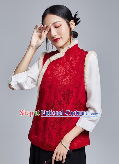 Chinese Traditional Tang Suit Upper Outer Garment National Red Brocade Cotton Wadded Vest