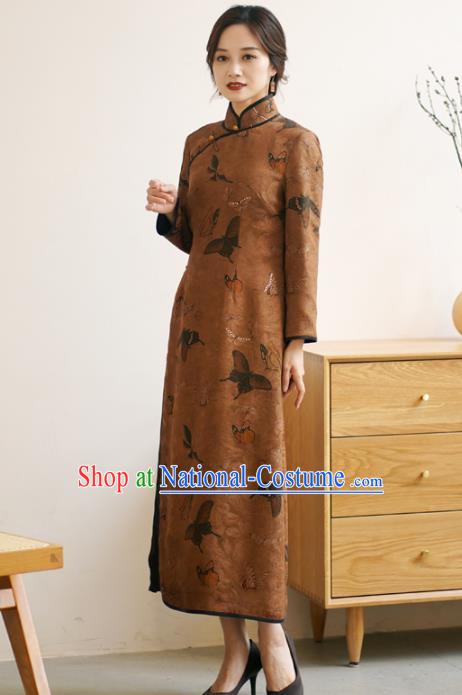 Republic of China Classical Butterfly Pattern Design Qipao Dress Top Brown Silk Female Cheongsam