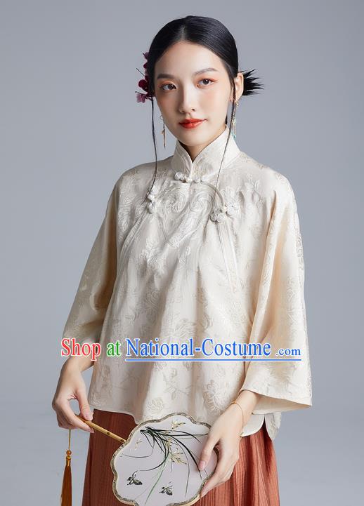 Chinese Classical Cheongsam Beige Silk Blouse Traditional Tang Suit Shirt Upper Outer Garment