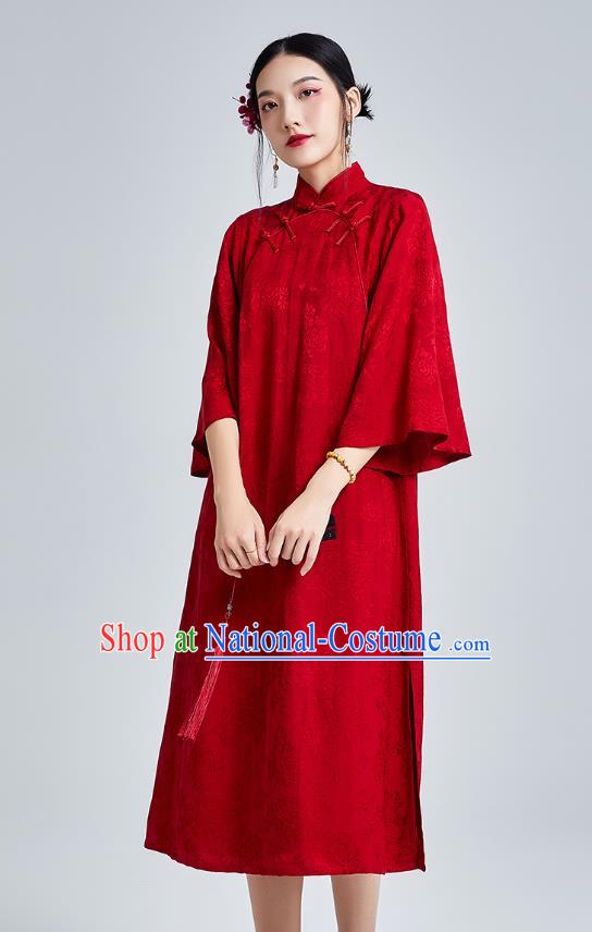 China Classical Wide Sleeve Cheongsam Costume Traditional Young Lady Red Brocade Qipao Dress