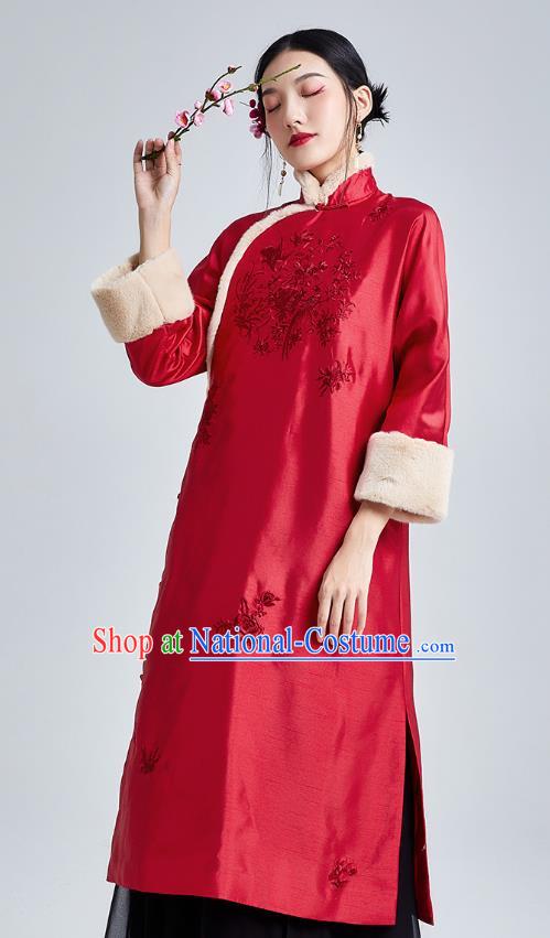 China Classical Embroidered Red Silk Cheongsam Costume Traditional Young Lady Cotton Wadded Qipao Dress