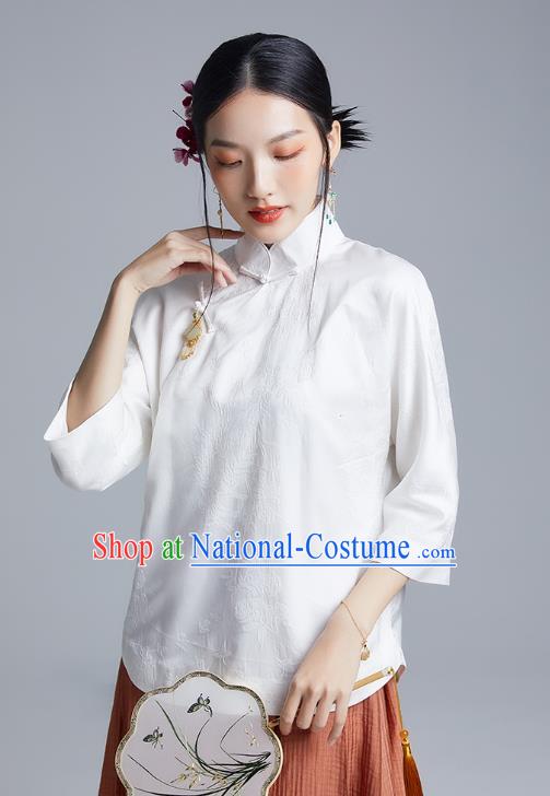 Chinese Traditional Tang Suit Shirt Upper Outer Garment Classical Cheongsam White Silk Blouse