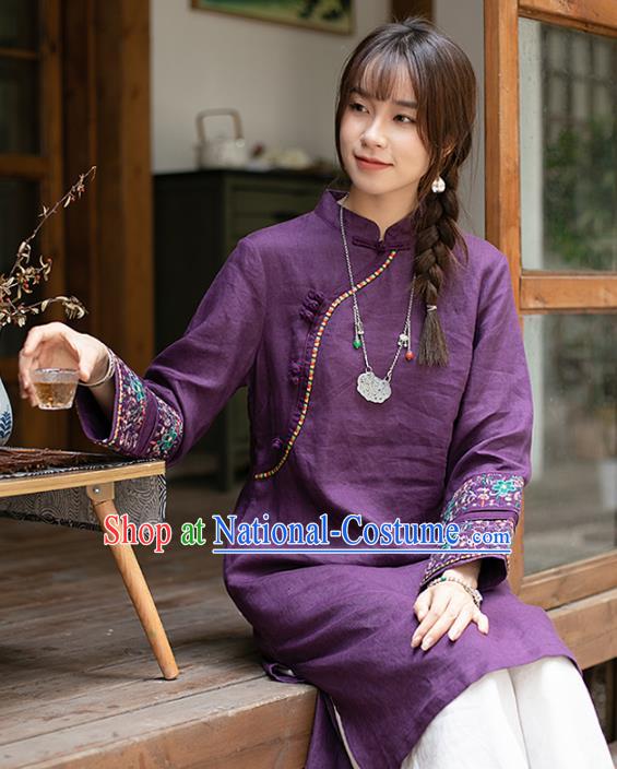 Chinese Classical Cheongsam Embroidered Purple Flax Blouse Traditional Tang Suit Long Shirt