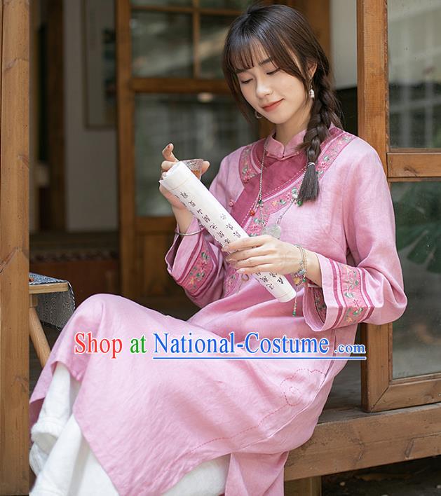 China Classical Embroidered Cheongsam Zen Costume Traditional Young Lady Pink Flax Qipao Dress