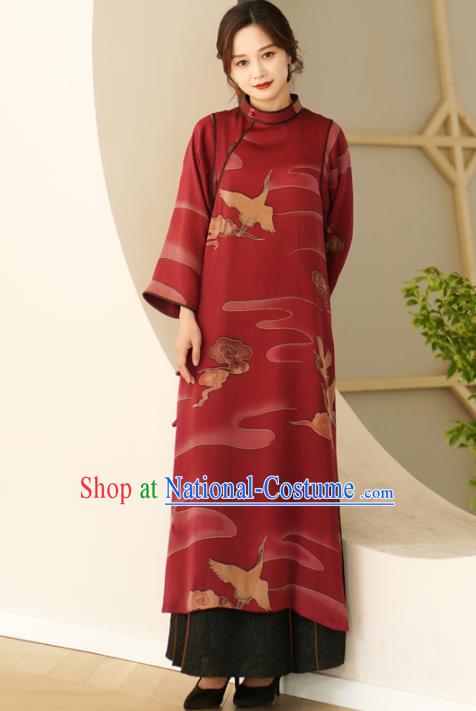 Top Female Red Silk Cheongsam Republic of China Classical Cranes Pattern Design Qipao Dress Clothing