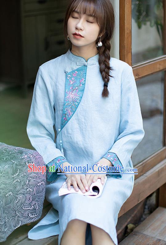 China Traditional Young Lady Blue Flax Qipao Dress Classical Embroidered Cheongsam Zen Costume