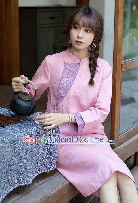 China Zen Costume Traditional Young Lady Pink Flax Qipao Dress Classical Embroidered Cheongsam