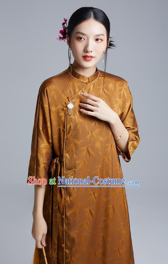 China Classical Bamboo Leaf Pattern Cheongsam Costume Traditional Young Lady Brown Silk Qipao Dress