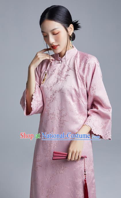 China Classical Plum Blossom Pattern Cheongsam Costume Traditional Young Lady Pink Mandarin Sleeve Qipao Dress