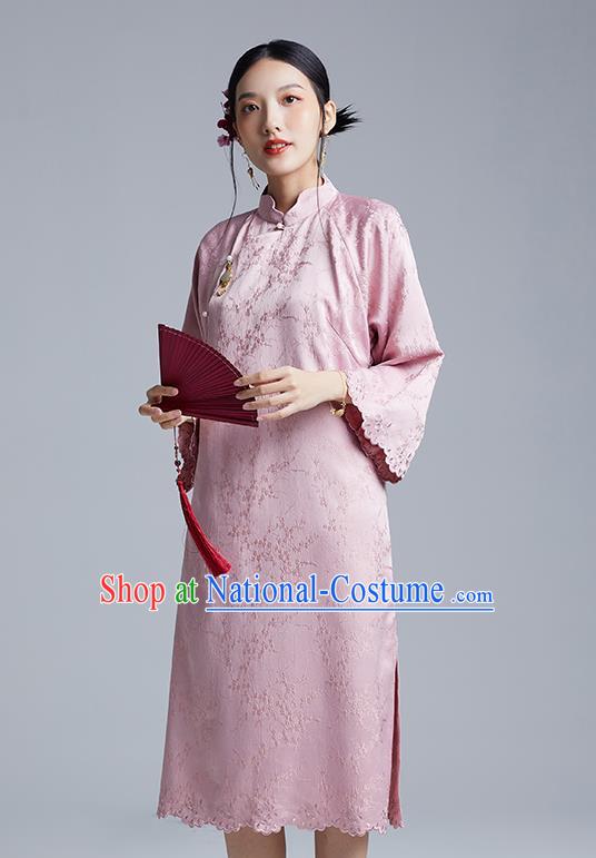 China Classical Plum Blossom Pattern Cheongsam Costume Traditional Young Lady Pink Mandarin Sleeve Qipao Dress