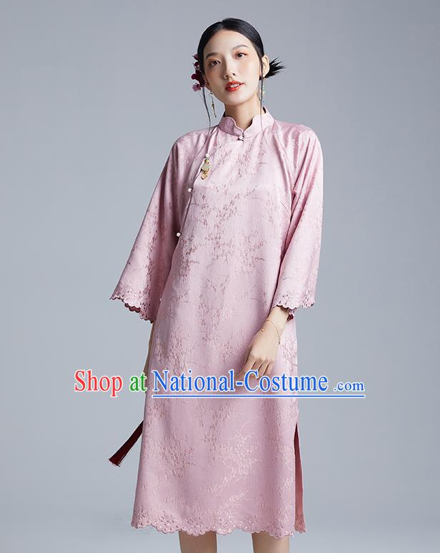 China Classical Plum Blossom Pattern Cheongsam Costume Traditional Young Lady Pink Mandarin Sleeve Qipao Dress