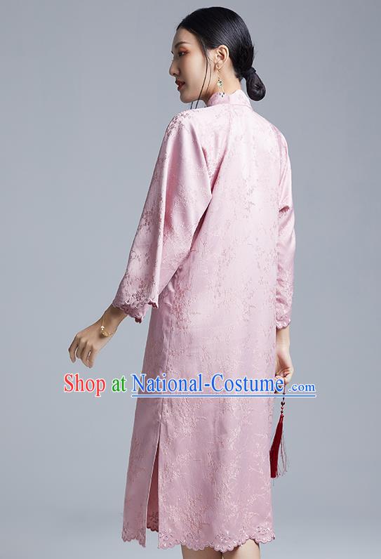 China Classical Plum Blossom Pattern Cheongsam Costume Traditional Young Lady Pink Mandarin Sleeve Qipao Dress