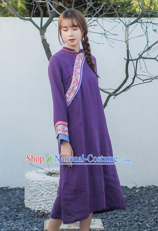 China Classical Embroidered Purple Cheongsam Traditional Young Lady Slant Opening Qipao Dress