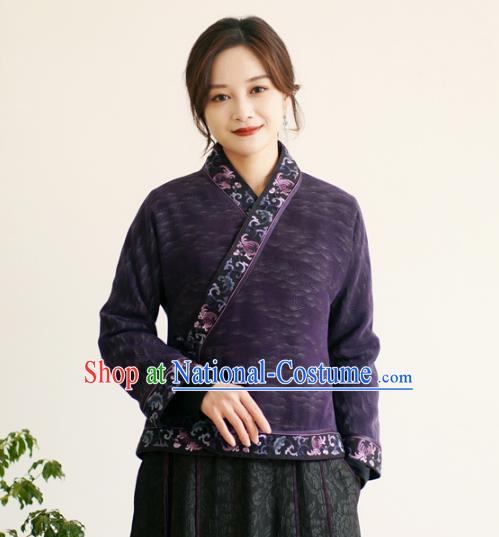 China Classical Embroidered Slant Opening Jacket National Purple Silk Short Coat