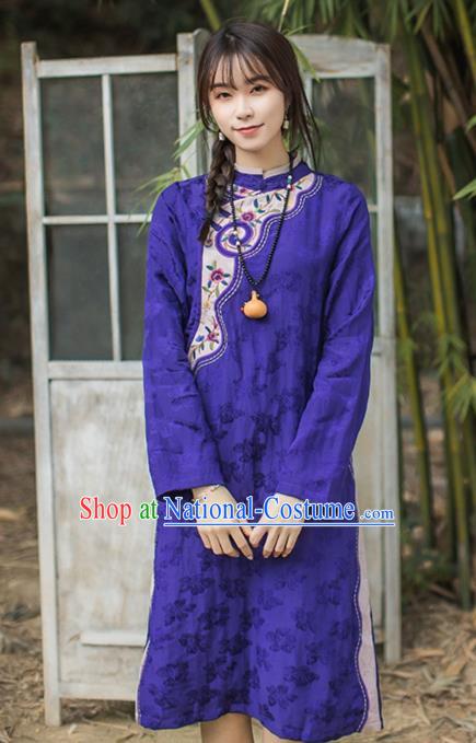 China Traditional Young Lady Slant Opening Qipao Dress Classical Embroidered Purple Cheongsam