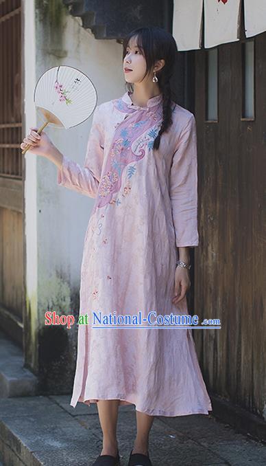 China Classical Cheongsam Costume Traditional Tang Suit Young Woman Embroidered Pink Flax Qipao Dress