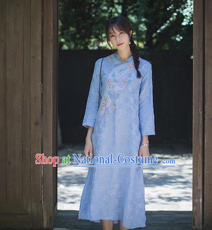 China Classical Blue Flax Cheongsam Costume Traditional Tang Suit Young Woman Embroidered Qipao Dress