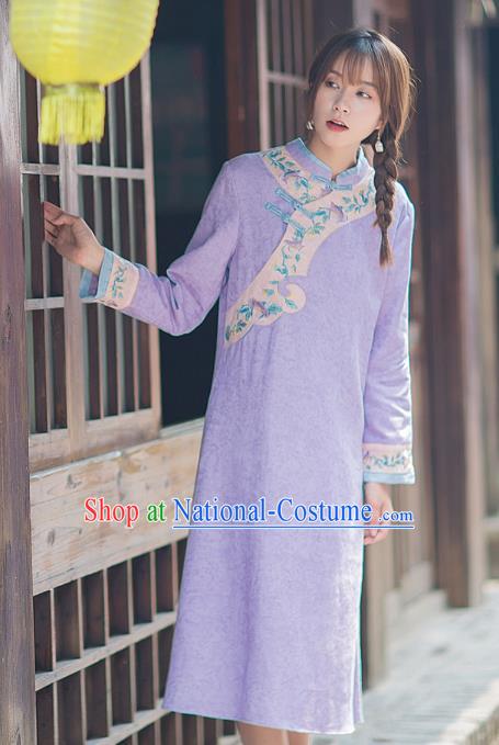 China Classical Embroidered Violet Flax Cheongsam Traditional Young Lady Qipao Dress Tang Suit Zen Costume