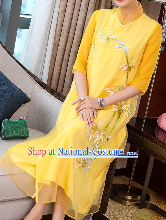 China Traditional Tang Suit Qipao Dress Classical Young Woman Embroidered Bamboo Yellow Organdy Cheongsam Costume