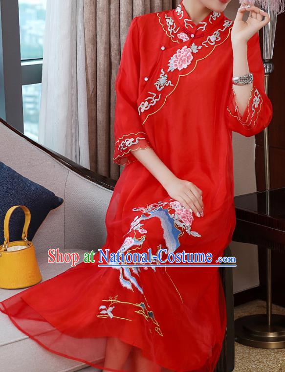 China Classical Embroidered Red Organdy Cheongsam Tang Suit Qipao Dress Traditional Young Woman Costume