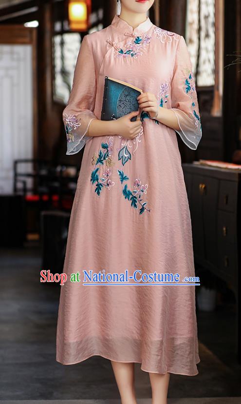 China Tang Suit Pink Tencel Qipao Dress Classical Embroidered Chrysanthemum Cheongsam Traditional Young Woman Costume