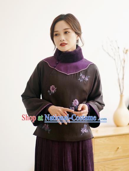 China Winter Women Embroidered Cotton Wadded Coat National Silk Slant Opening Jacket