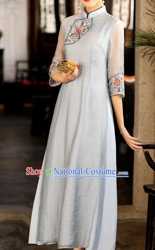 China Traditional National Zen Costume Tang Suit Blue Tencel Qipao Dress Classical Embroidered Cheongsam