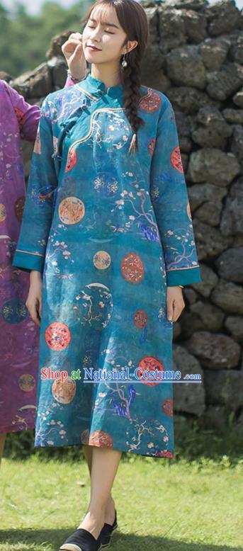 China Classical Printing Blue Flax Cheongsam Traditional Tang Suit Young Lady Qipao Dress