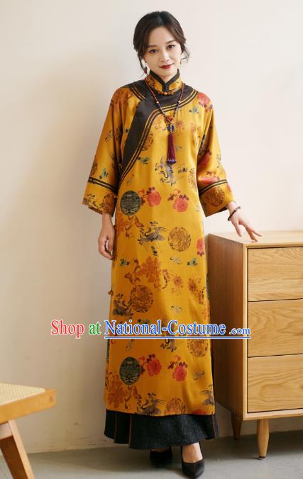 Top Yellow Gambiered Guangdong Gauze Cheongsam China Classical Crane Peony Pattern Design Silk Qipao Dress