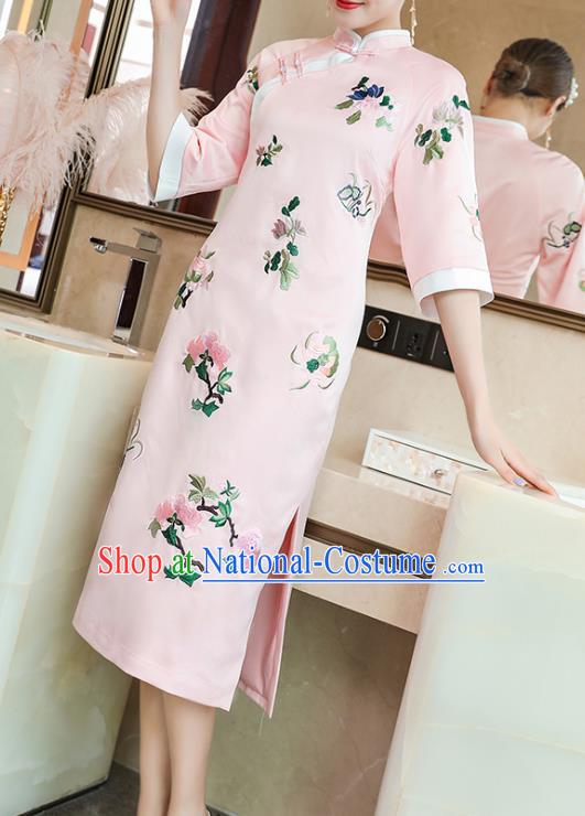 China Classical Embroidered Pink Silk Cheongsam Traditional Tang Suit Qipao Dress