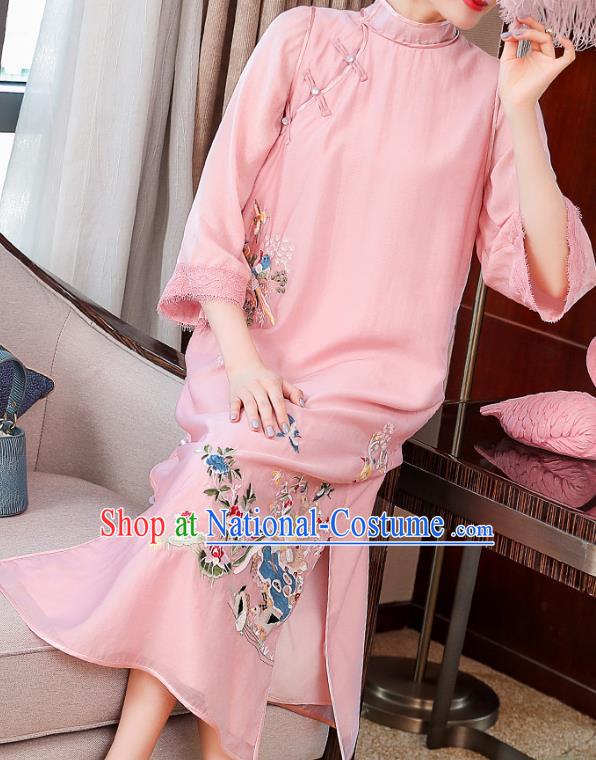 China Traditional Tang Suit Round Collar Qipao Dress Classical Embroidered Pink Tencel Cheongsam