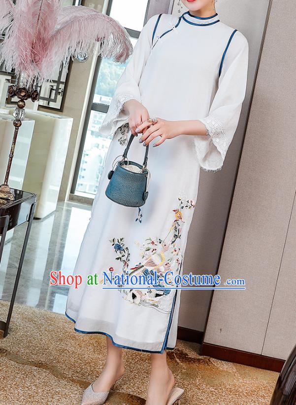 China Classical Embroidered White Tencel Cheongsam Traditional Tang Suit Round Collar Qipao Dress