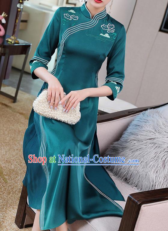 China Classical Embroidered Blue Satin Cheongsam Traditional Tang Suit Ao Dai Qipao Dress