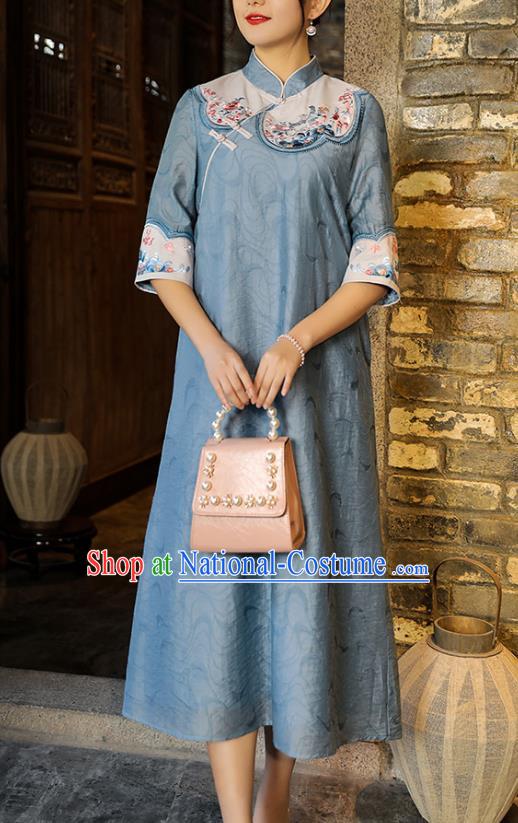 China Traditional Tang Suit Blue Tencel Qipao Dress Classical Embroidered Cheongsam