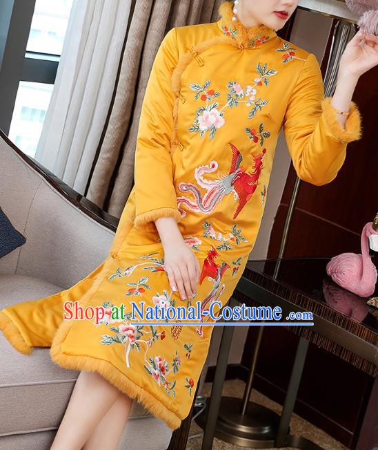 China Tang Suit Embroidered Phoenix Peony Cheongsam Traditional Classical Yellow Silk Qipao Dress