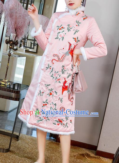 China Traditional Classical Pink Silk Qipao Dress Tang Suit Embroidered Phoenix Peony Cheongsam