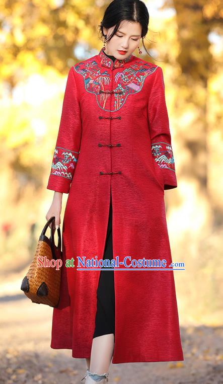 Chinese Traditional Embroidered Outer Garment National Tang Suit Red Dust Coat