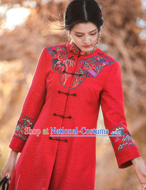 Chinese Traditional Embroidered Outer Garment National Tang Suit Red Dust Coat