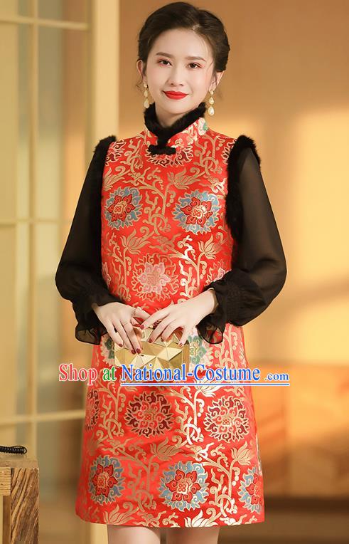 Chinese National Winter Cotton Wadded Waistcoat Traditional Tang Suit Red Brocade Vest