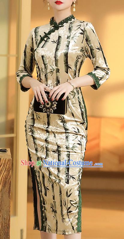 China Classical Qipao Dress Traditional Tang Suit Printing Bamboo Cheongsam Costume