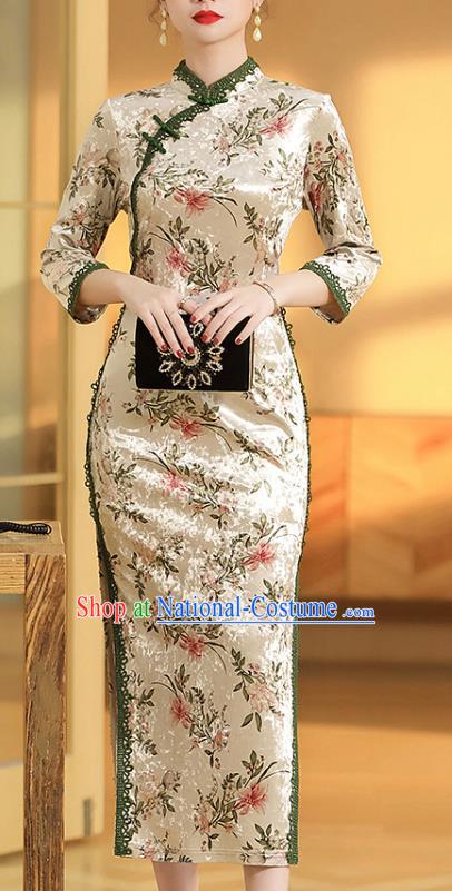 China Classical Beige Velvet Qipao Dress Traditional Tang Suit Printing Flowers Cheongsam Costume