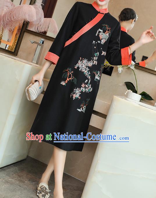 China Traditional Tang Suit Embroidered Cheongsam Zen Costume Classical Black Woolen Qipao Dress