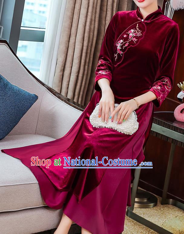 China Tang Suit Wine Red Velvet Qipao Dress Traditional Embroidered Plum Blossom Cheongsam Costume