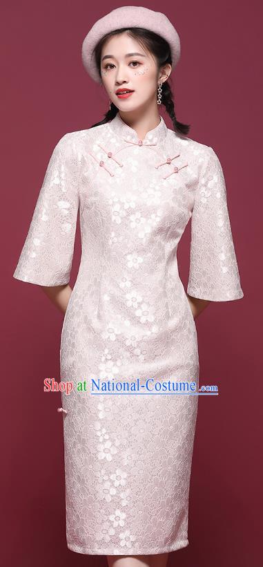 China National Tang Suit Light Pink Lace Cheongsam Modern Dance Trumpet Sleeve Qipao Dress