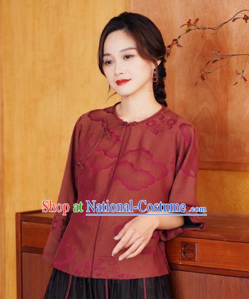 China Traditional Jacquard Watered Gauze Top Blouse National Dark Red Silk Shirt