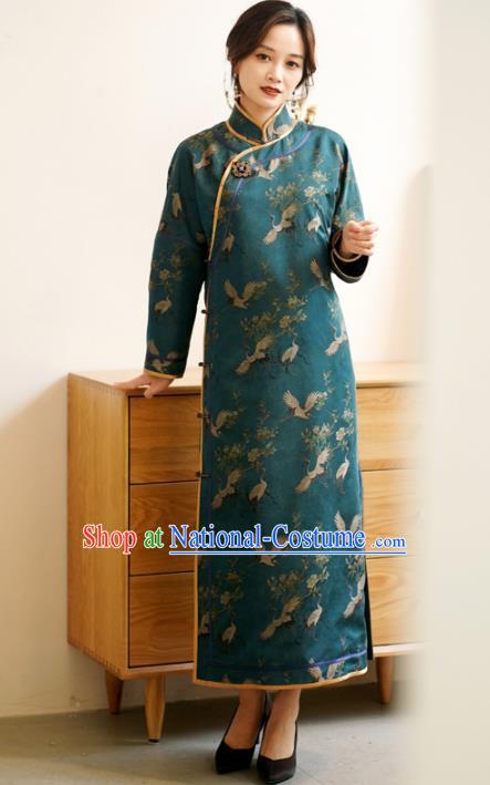 Republic of China Classical Crane Pattern Teal Silk Qipao Dress Traditional Jacquard Brocade Cheongsam Clothing