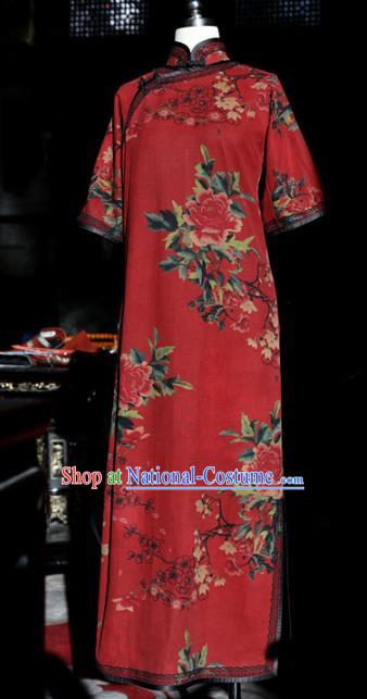 Republic of China Classical Wedding Red Cheongsam Traditional Minguo Shanghai Beauty Silk Qipao Dress