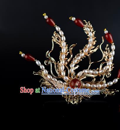 Chinese Traditional Wedding Hair Accessories Ancient Ming Dynasty Empress Pearls Golden Phoenix Hair Crown