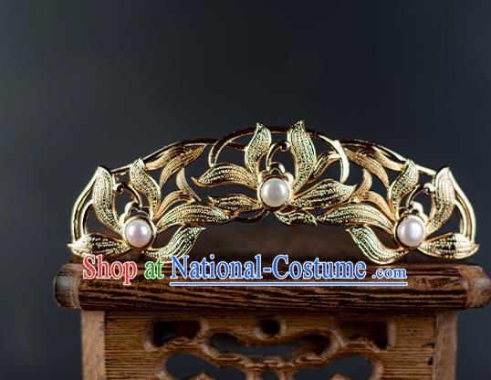 Chinese Traditional Hanfu Pearls Hairpin Hair Accessories Ancient Ming Dynasty Princess Golden Orchids Hair Crown