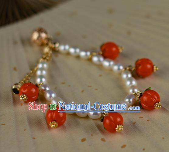 China Classical Red Persimmon Wristlet Accessories Traditional Ming Dynasty Princess Pearls Bracelet